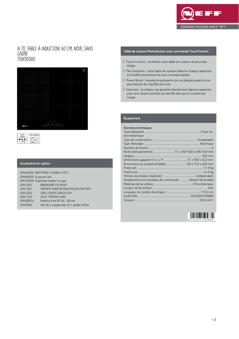 Page 1 of the manual Technical Sheet Neff T56FD50X0