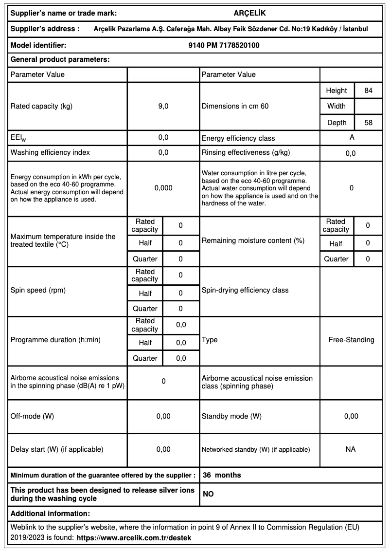 Page 1 de la notice Fiche technique Arçelik 9140 PM