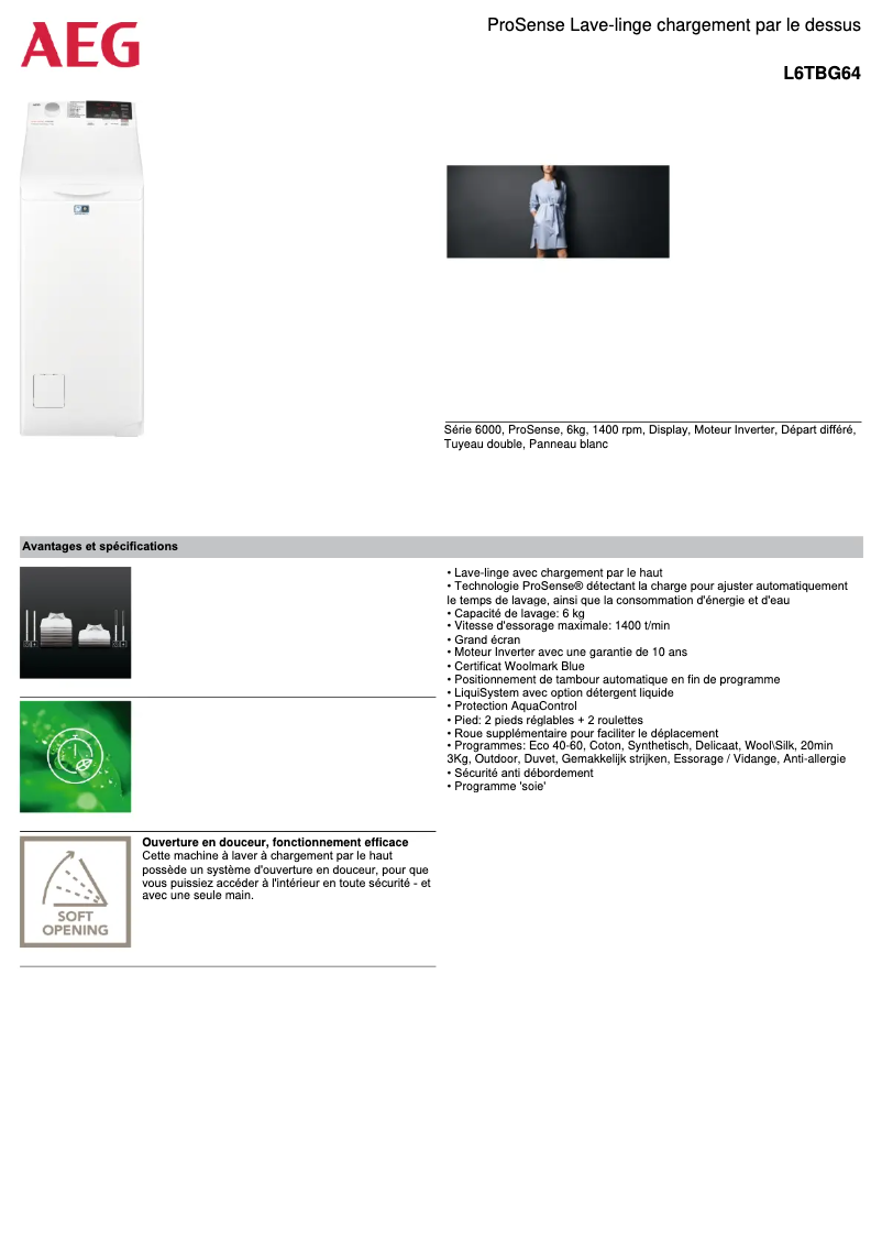 Page 1 de la notice Fiche technique AEG L6TBG64
