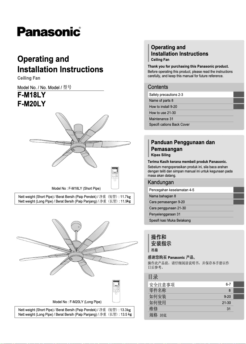 Page 1 de la notice Manuel utilisateur Panasonic F-M20LY