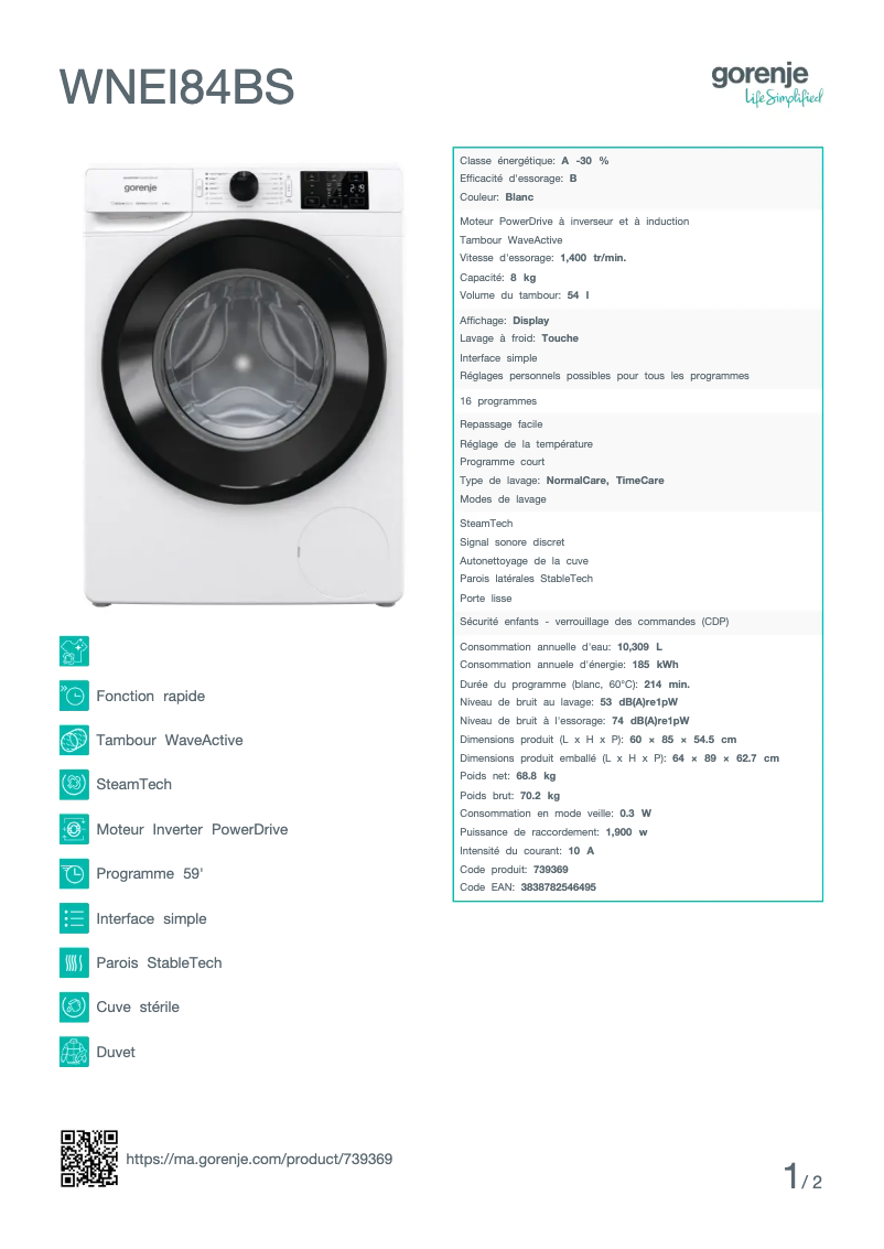Página 1 del manual Ficha técnica Gorenje WNEI84BS