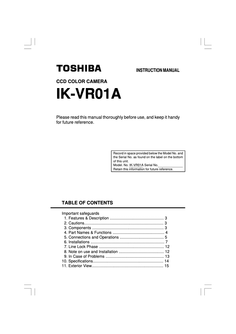 Page 1 de la notice Manuel utilisateur Toshiba IK-VR01A
