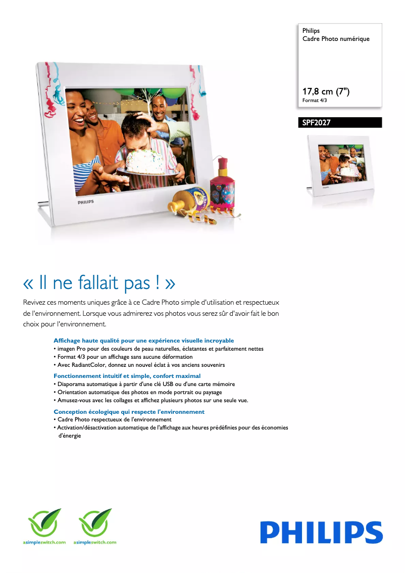 Página 1 del manual Ficha técnica Philips SPF2027