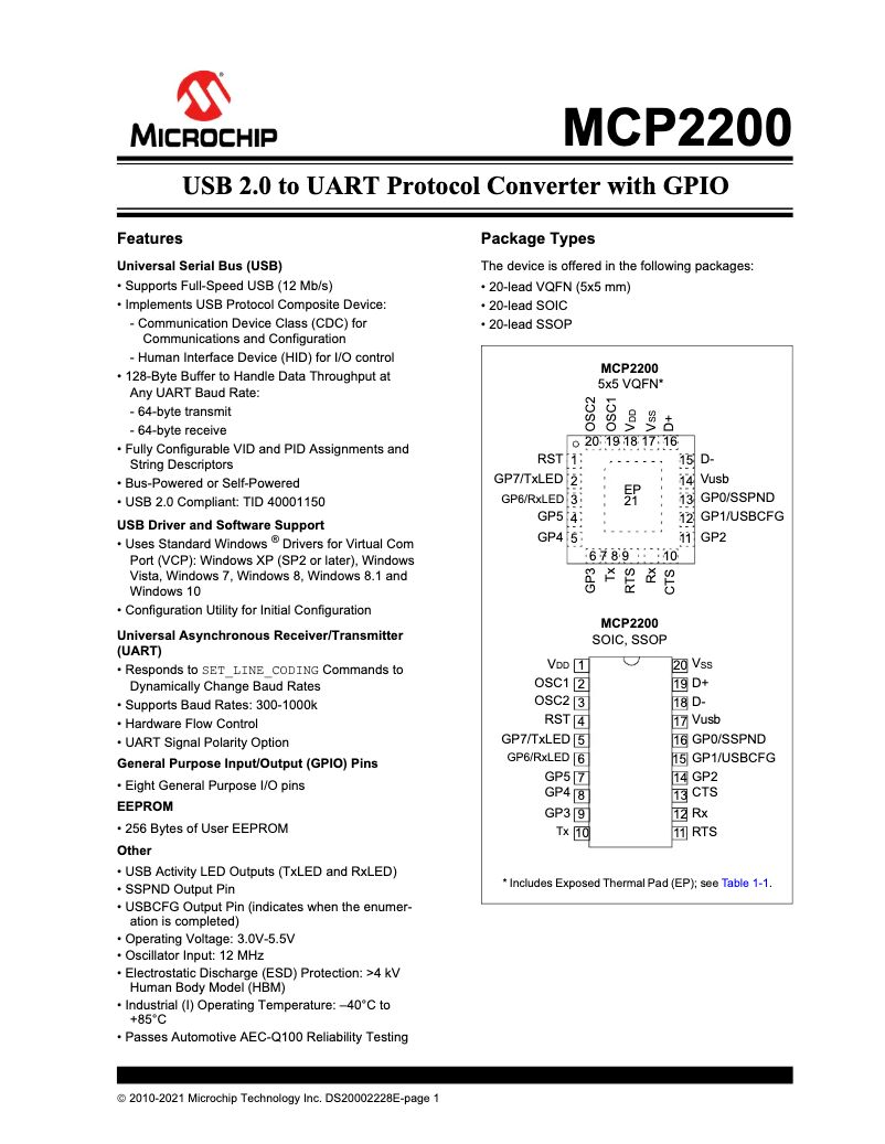 Page 1 de la notice Fiche technique Microchip MCP2200