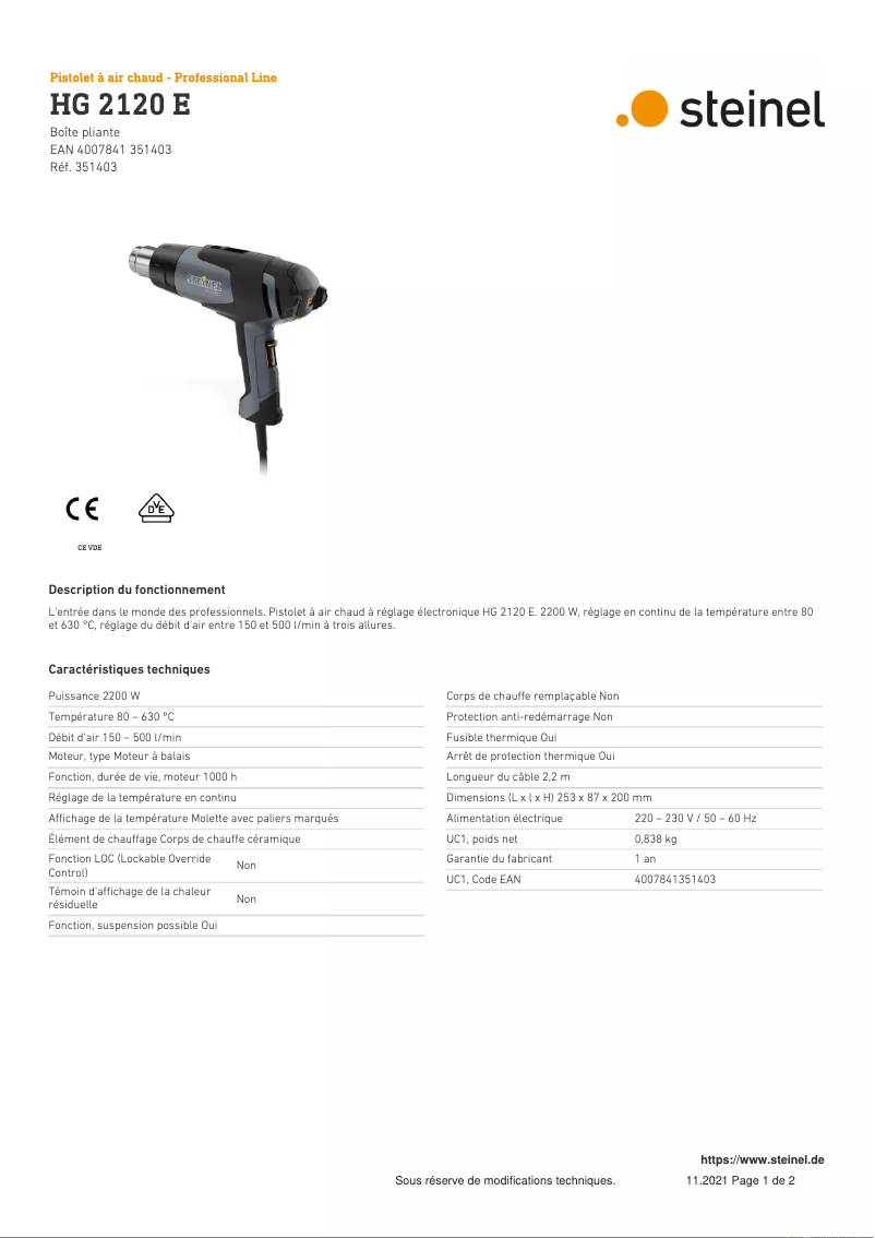 Page 1 de la notice Fiche technique Steinel HG 2120 E