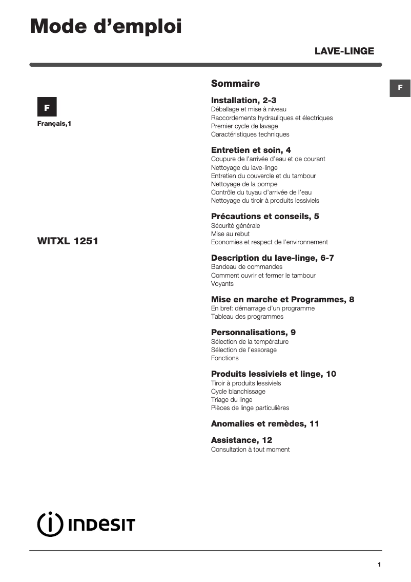 Image de la première page du manuel de l'appareil WITXL 1251 (FR)