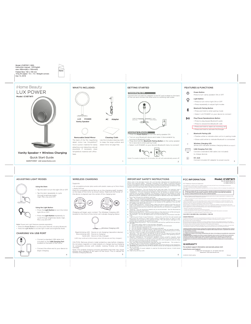 Page 1 de la notice Manuel utilisateur iHome Lux Power iCVBTW11