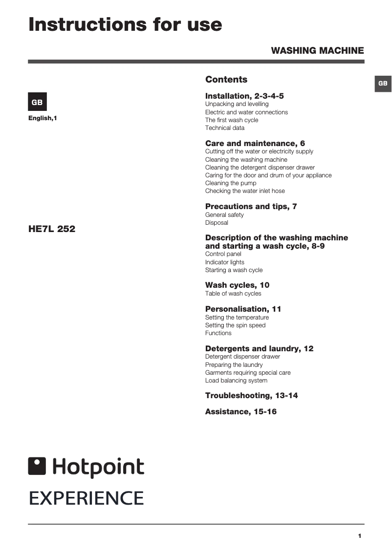 Page 1 de la notice Manuel utilisateur Hotpoint HE7L 252