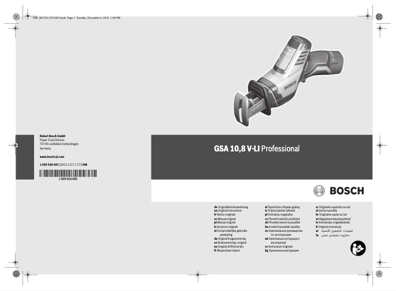 Page 1 de la notice Manuel utilisateur Bosch GSA 10,8 V-LI Professional