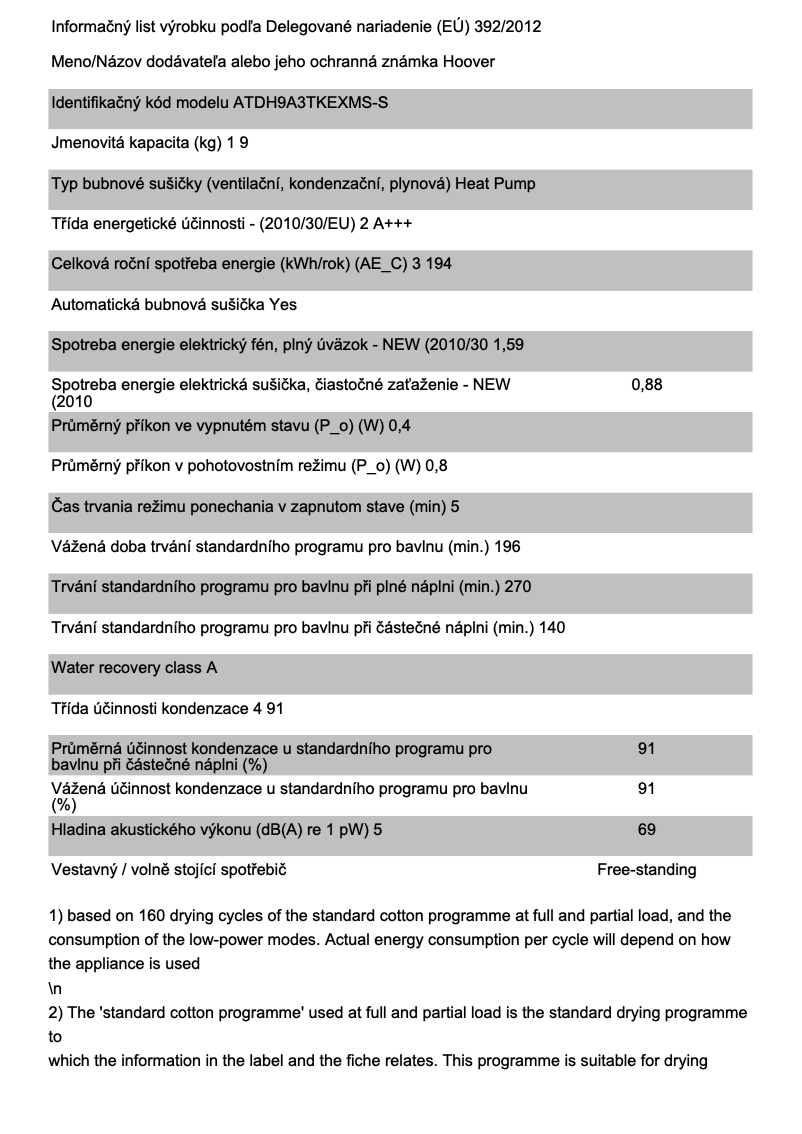 Page 1 de la notice Fiche technique Hoover ATDH9A3TKEXMS-S