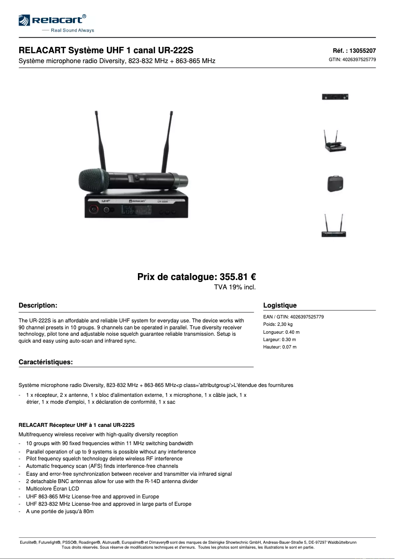Page 1 de la notice Fiche technique Relacart UR-222S
