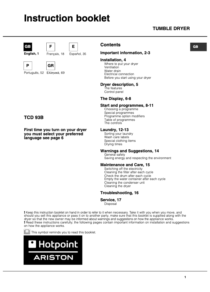 Page 1 de la notice Manuel utilisateur Hotpoint Ariston TCD 93B 6H/Z1