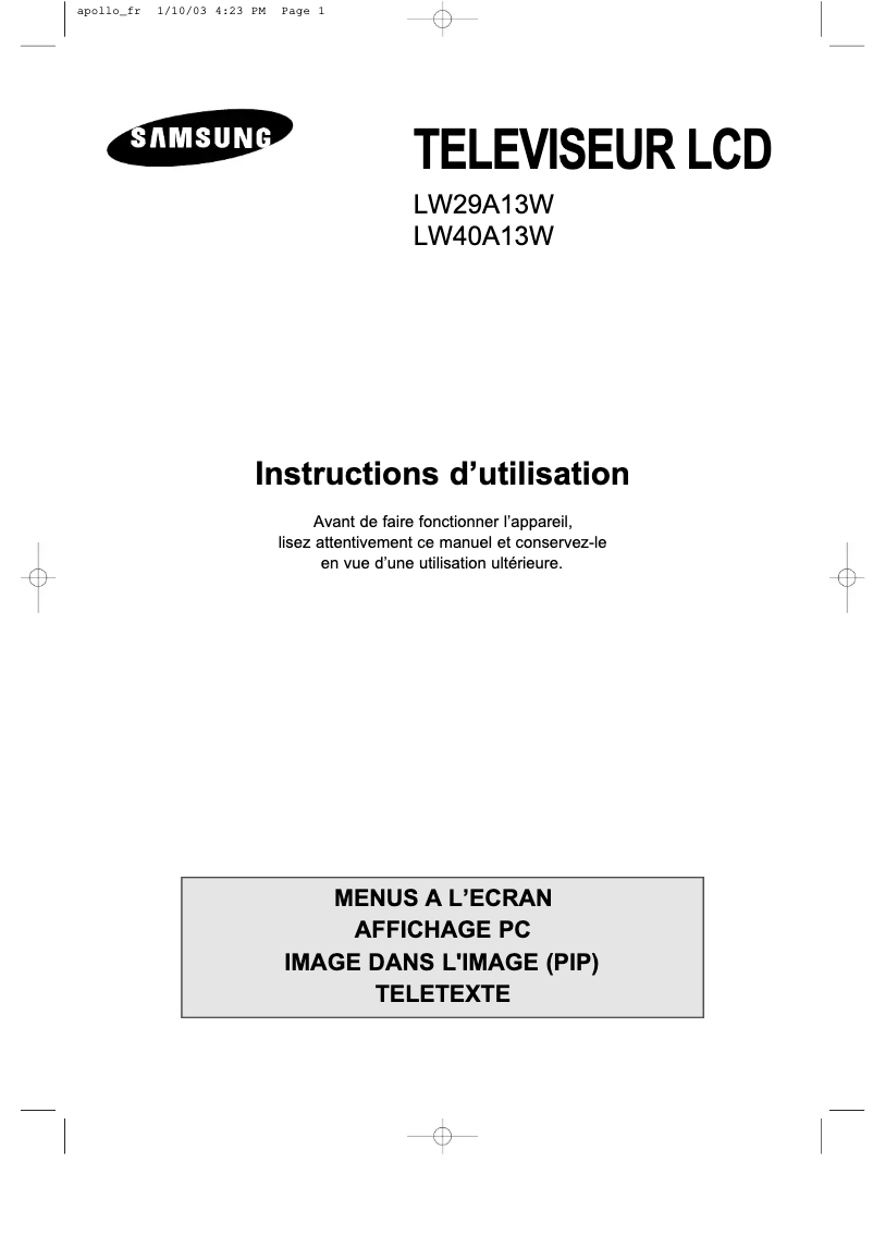 Page 1 de la notice Manuel utilisateur Samsung LW29A13W