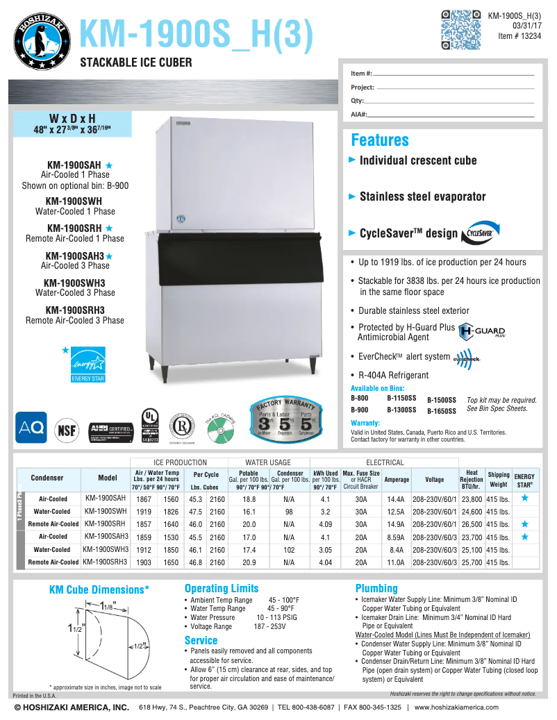 Page 1 de la notice Fiche technique Hoshizaki KM-1900SWH3