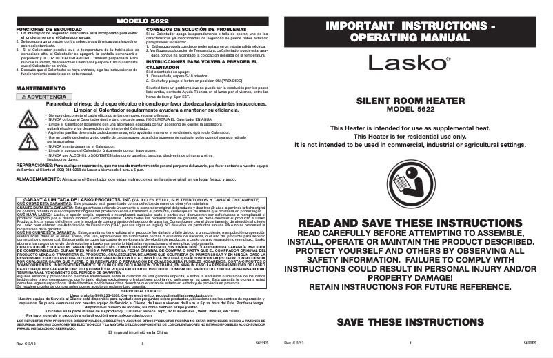 Page 1 of the manual User Manual Lasko Silent 5622
