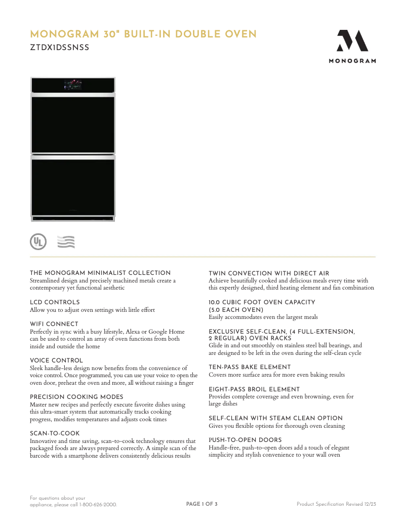 Page 1 de la notice Fiche technique Monogram ZTDX1DSSNSS