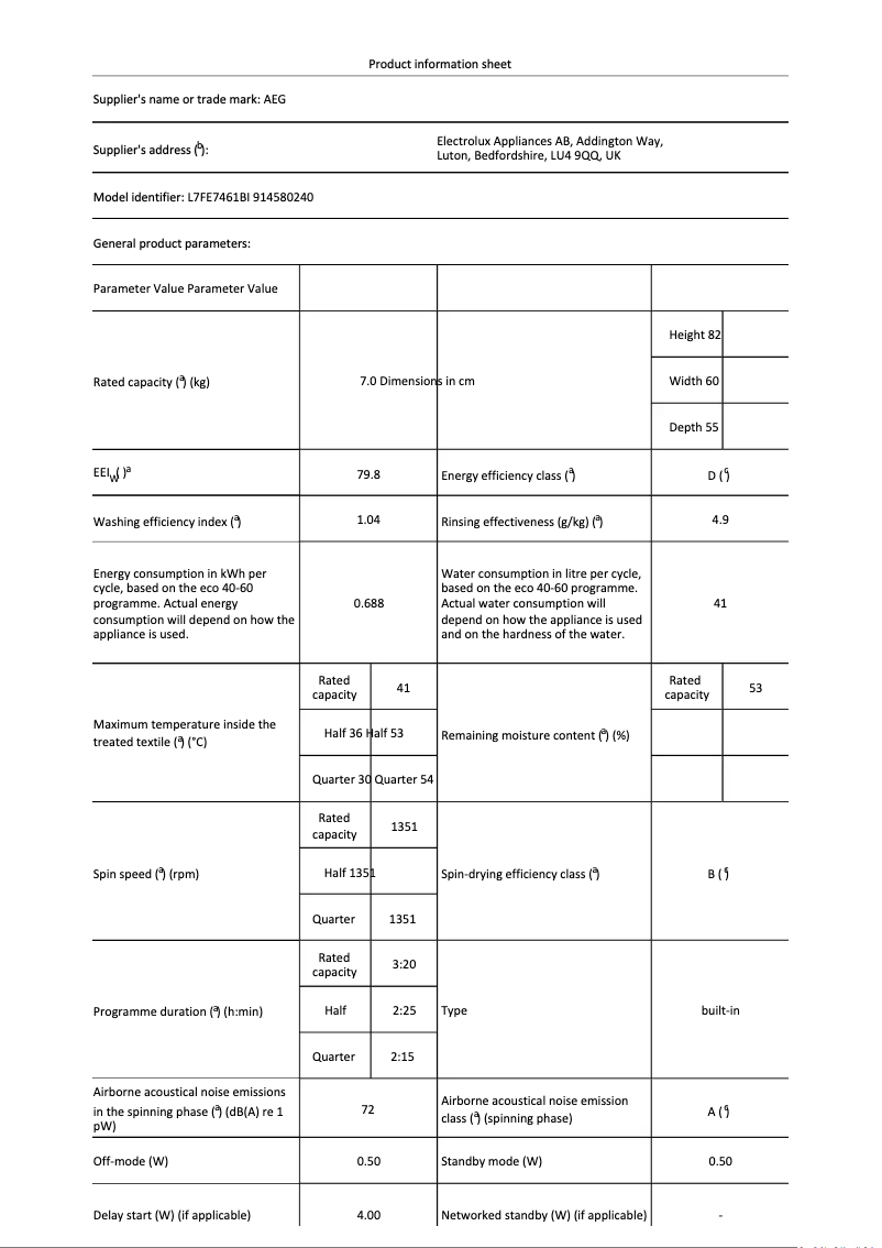 Page 1 de la notice Fiche technique AEG L7FE7461BI