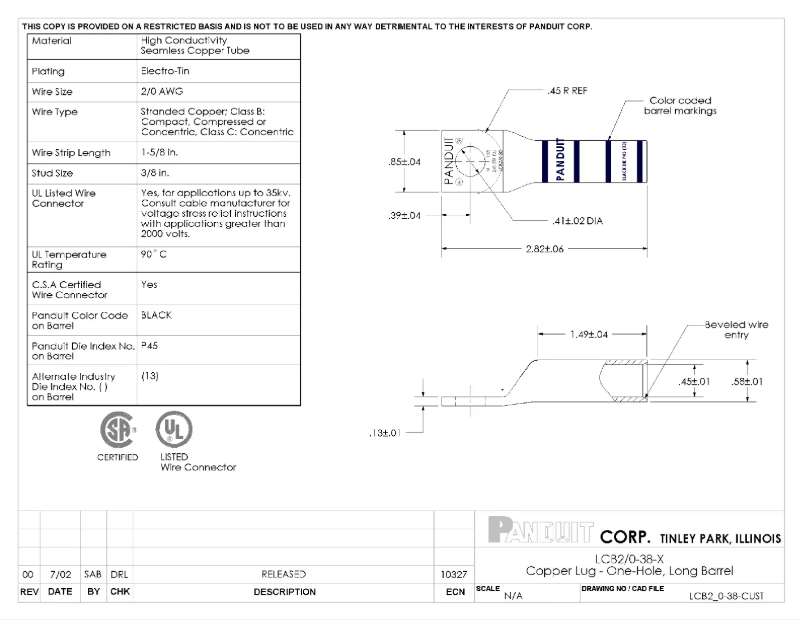 Page 1 de la notice Dessin technique Panduit LCB2/0-38-X