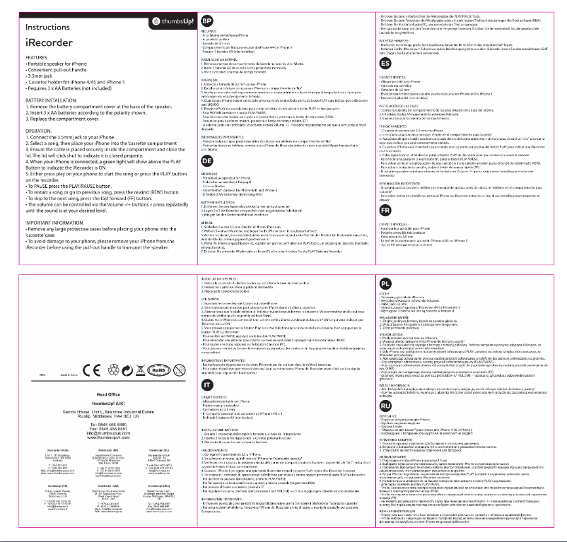 Page 1 de la notice Manuel utilisateur Thumbs Up iRecorder