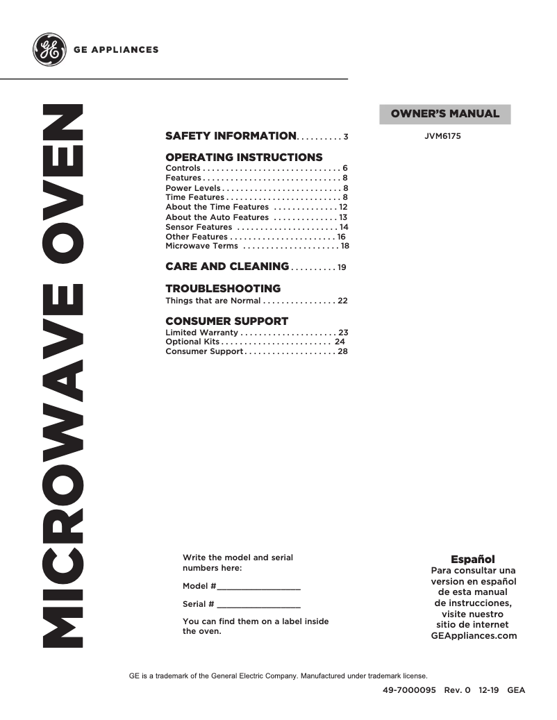 Page 1 de la notice Manuel utilisateur GE JVM6175BLTS