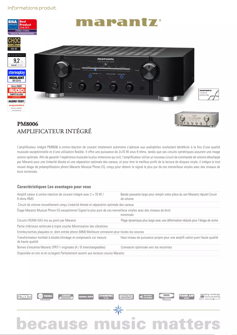 Page 1 de la notice Fiche technique Marantz PM8006