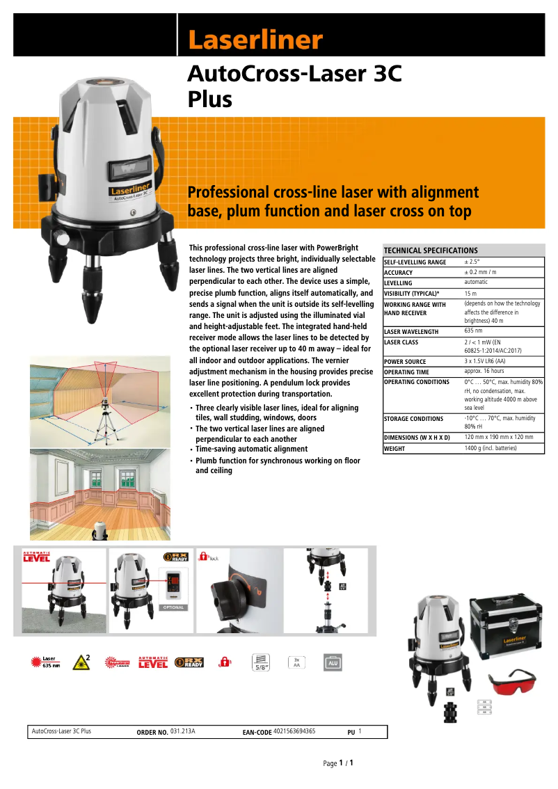 Page 1 de la notice Fiche technique Laserliner AutoCross-Laser 3C Plus