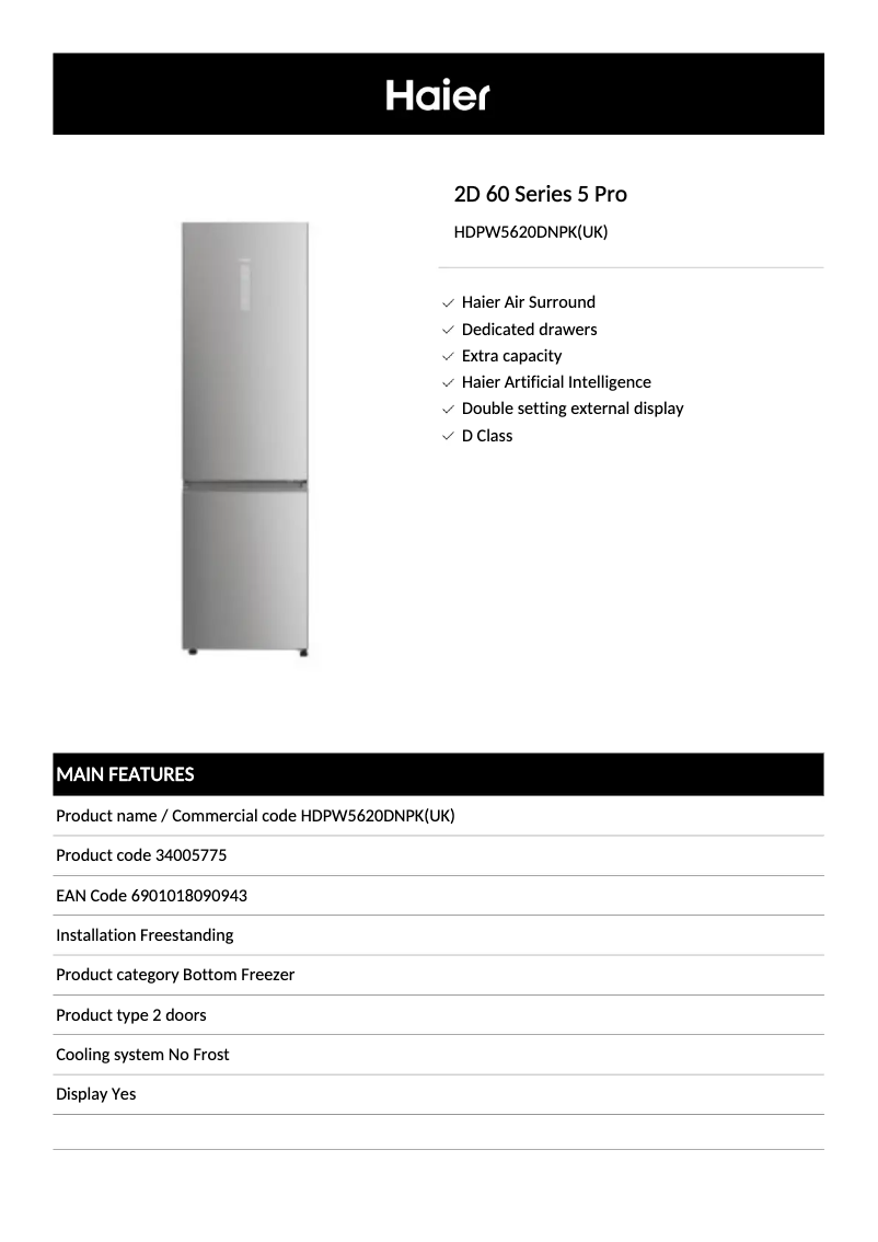 Page 1 de la notice Fiche technique Haier HDPW5620DNPK