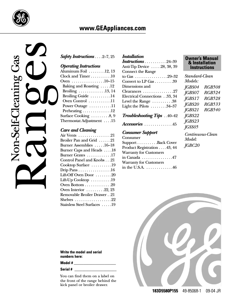 Page 1 of the manual Installation Guide GE JGBS22BEAWH