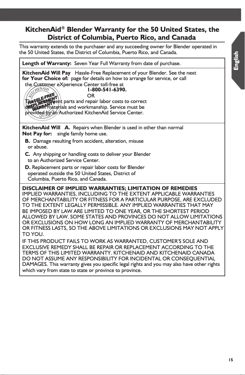 Page 1 of the manual Warranty Information KitchenAid KSB5010OB