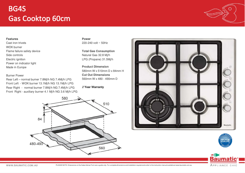 Page 1 de la notice Fiche technique Baumatic BG4S