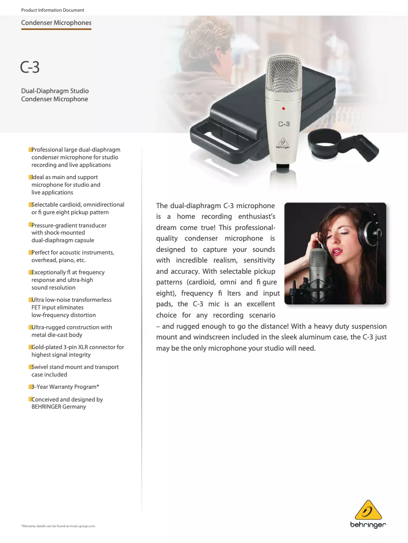 Page 1 de la notice Fiche technique Behringer C-3