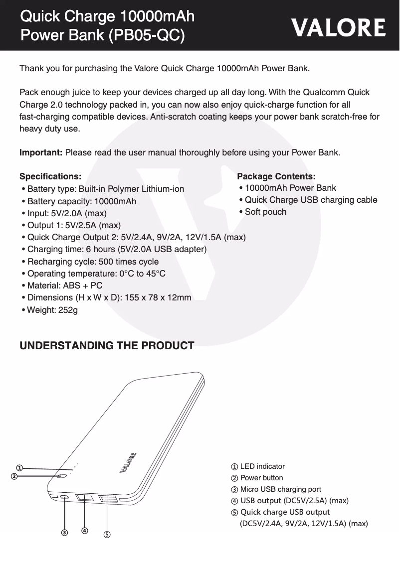 Page 1 de la notice Manuel utilisateur Valore PB05-QC