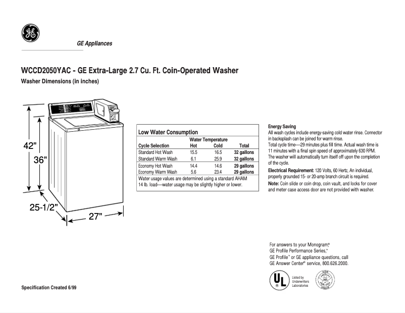 Página 1 del manual Ficha técnica GE WCCD2050YAC