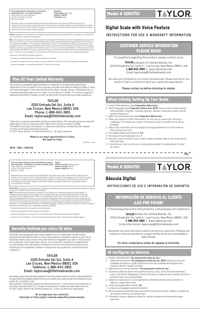 Page 1 de la notice Manuel utilisateur Taylor 5294755