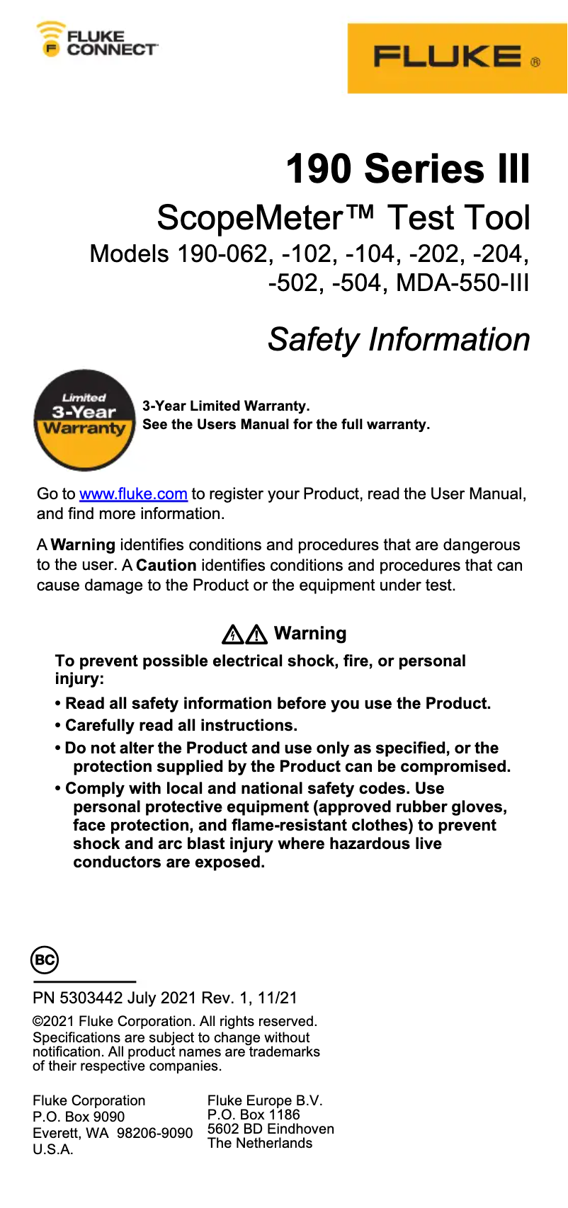 Page 1 de la notice Instructions de sécurité Fluke MDA-550