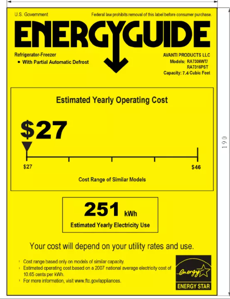 Page 1 of the manual Energy Label Avanti RA7316PST