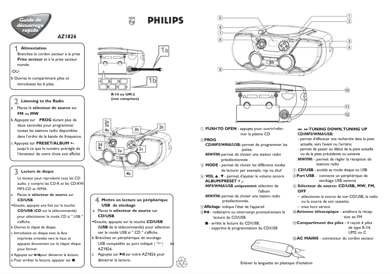 Page 1 de la notice Guide de démarrage rapide Philips AZ1826
