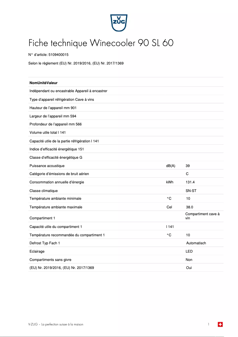 Page 1 de la notice Fiche technique V-Zug Winecooler 90 SL 60