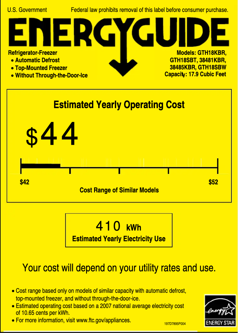 Page 1 de la notice Label énergétique GE GTH18KBRCC
