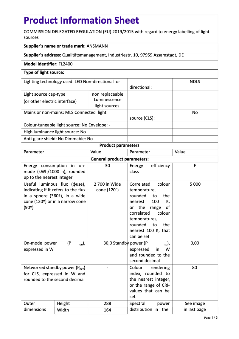 Page 1 de la notice Fiche technique Ansmann FL2400AC