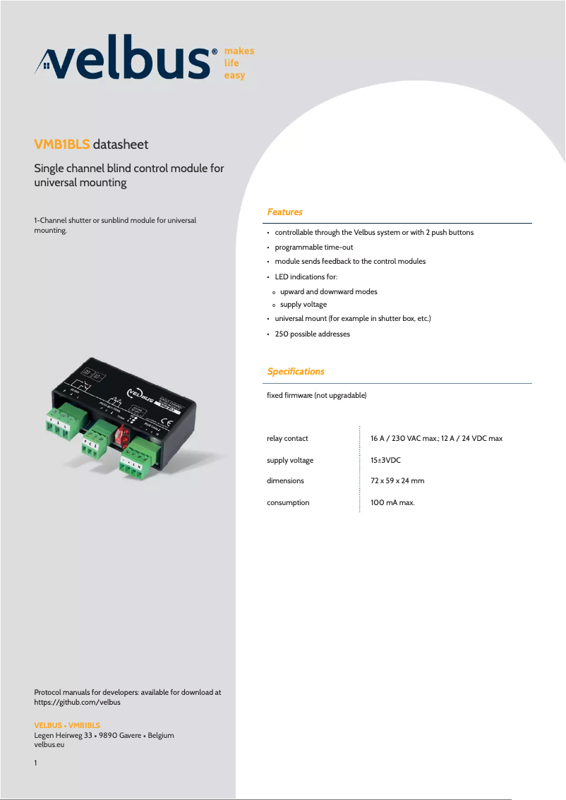 Page 1 de la notice Fiche technique Velbus VMB1BLS