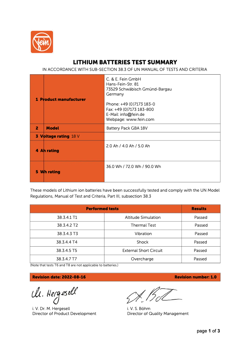 Page 1 de la notice Instructions de sécurité Fein GBA 18 V