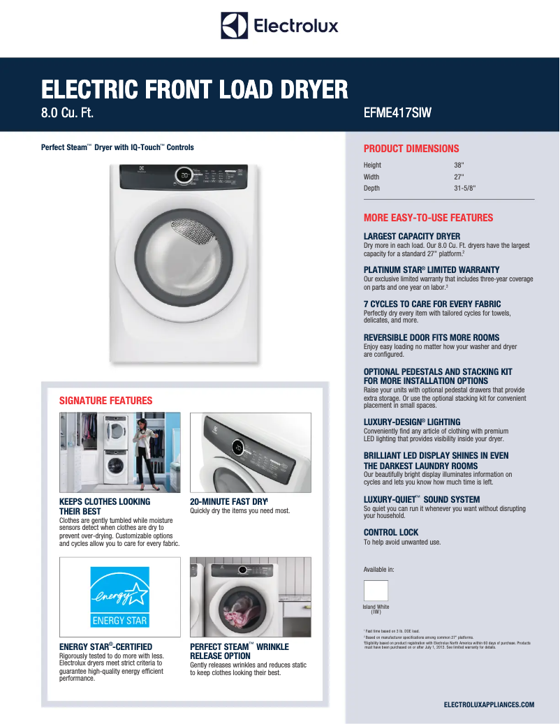 Página 1 del manual Ficha técnica Electrolux EFME417S