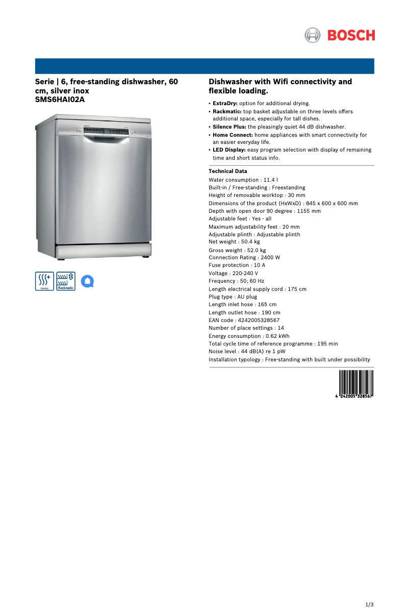 Page 1 de la notice Fiche technique Bosch SMS6HAI02A