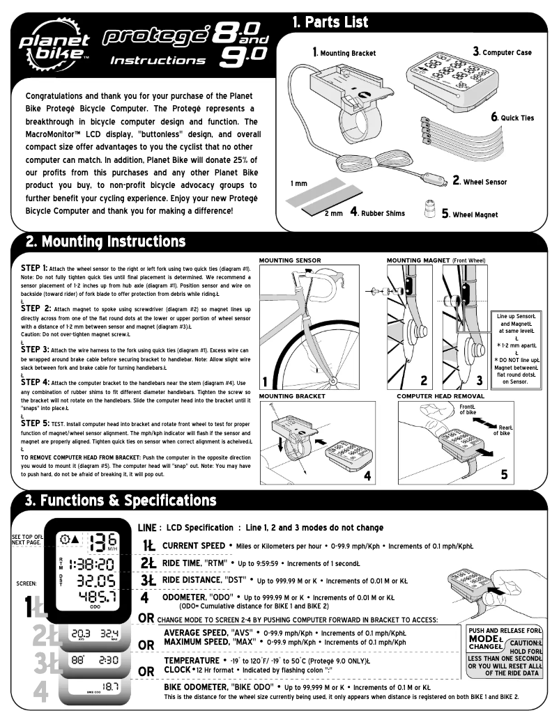 Page 1 of the manual User Manual Planet Bike Protege 9.0
