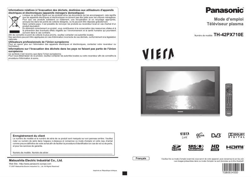 Page 1 of the manual User Manual Panasonic Viera TH-42PX710E