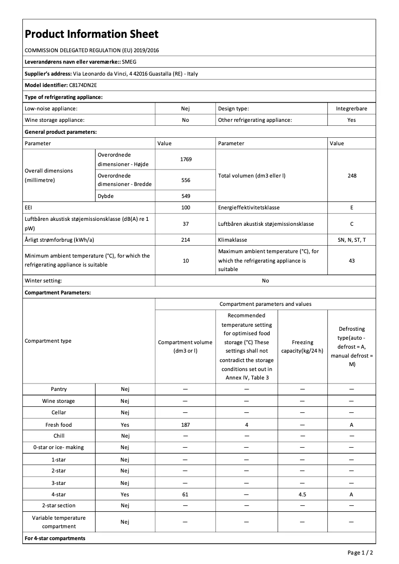 Page 1 de la notice Fiche technique Smeg C8174DN2E