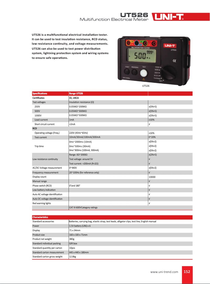 Page 1 de la notice Fiche technique Uni-T UT526