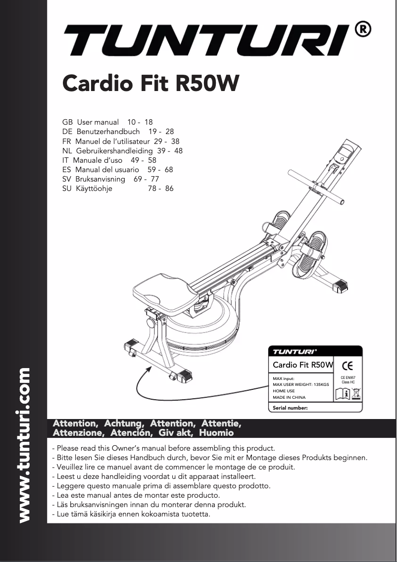 Page 1 de la notice Manuel utilisateur Tunturi Cardio Fit R50W