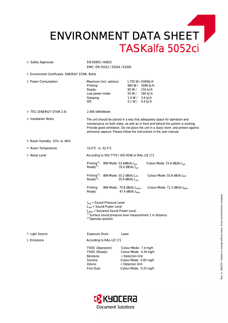 Page 1 de la notice Fiche technique Kyocera TASKalfa 5052ci